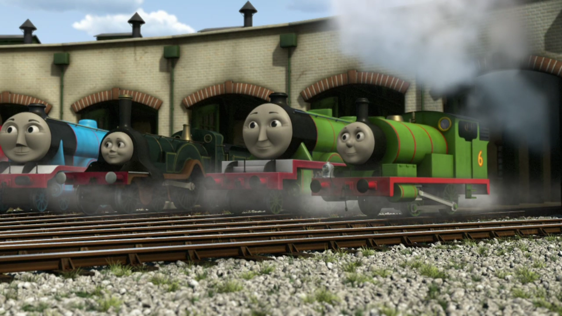 ゴードンとエミリーとパーシーと共にティドマス機関庫にいるヘンリー