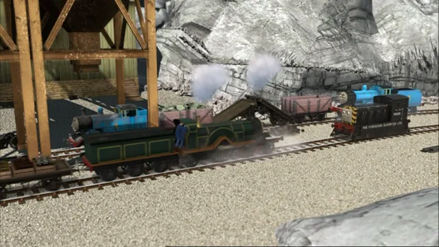 第13シーズンのメイビスとエミリーと共に居るアノファ採石場で貨車を脱線させたエドワード
