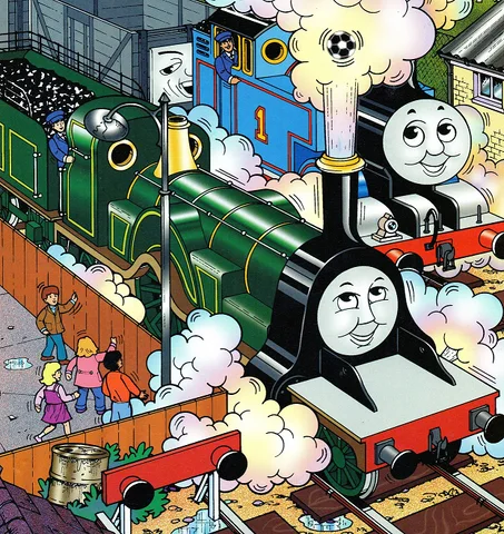 マガジンストーリーで貨物列車を牽引しているトーマスと共に居る蒸気でサッカーボールを投げているエミリー