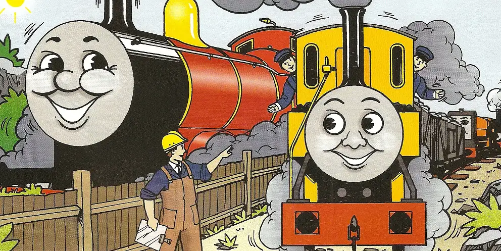 マガジンストーリーでジェームスと共にいるラスティーとプッシュプルで貨車を牽引しているダンカン