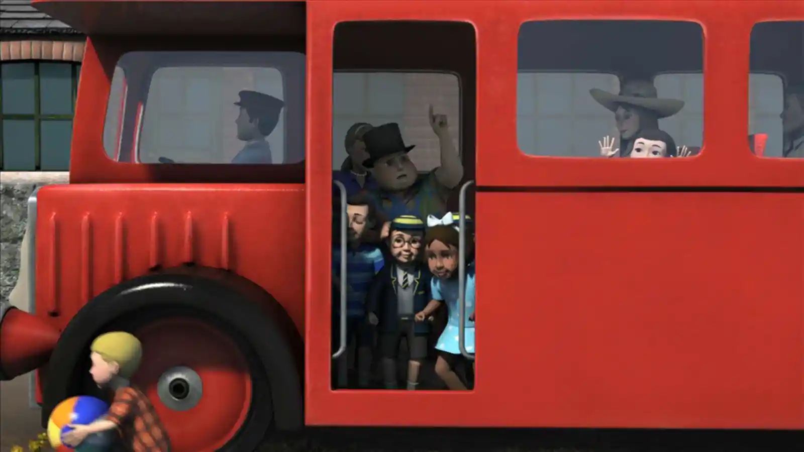 子供達と共にバーティーから下車して人形劇を鑑賞に行くアロハシャツ姿のトップハム・ハット卿