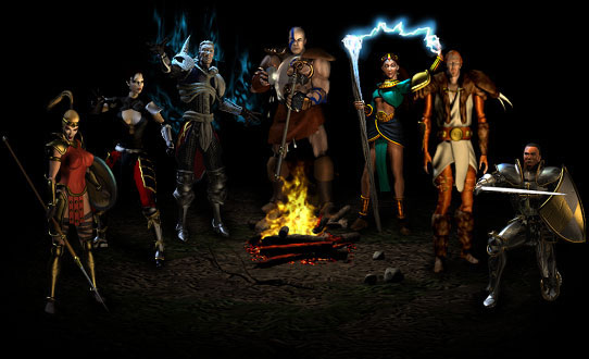 Player Character一覧。左から順にAmazon, Assassin, Necromancer, Barbarian, Sorceress, Druid, Paladin