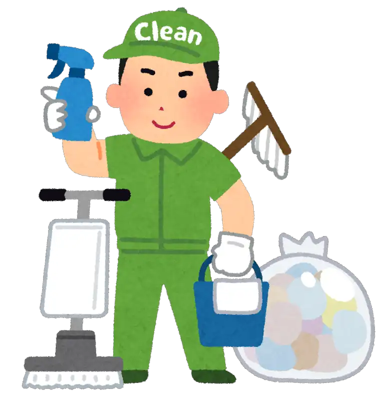 業務用の掃除機やモップなどの清掃用具を持った業者さんのイラストです。
