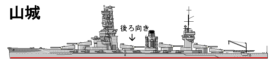 山城……艦橋の真後ろに三番砲塔。三番砲塔と四番砲塔が煙突を挟みこむ。三番砲塔を後ろ向きに取り付けたので、艦橋はえぐれていない。