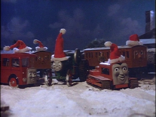 サンタクロースの帽子を被ったアニーとクララベルとバーティーとトレバーとテレンスと共にクリスマスを楽しむいたずら貨車