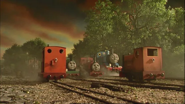 第9シーズンで乗換駅でウインチとワイヤーを載せた無蓋貨車を牽引しているトーマスとレニアスとピーター・サムとラスティーとダンカンと共にいるスカーロイ