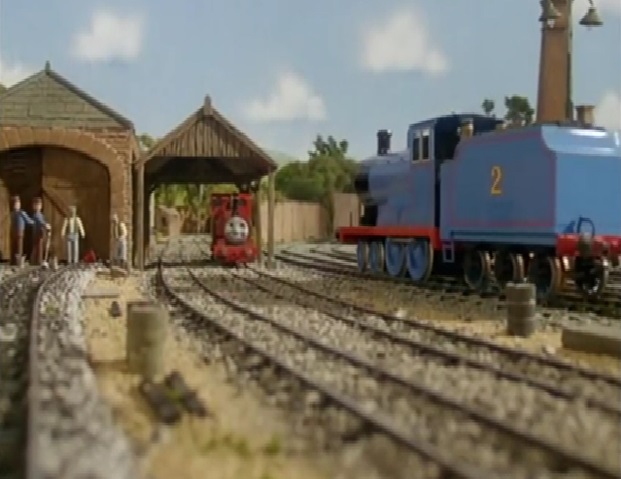 スカーロイ鉄道の機関庫でエドワードと会話しているスカーロイ