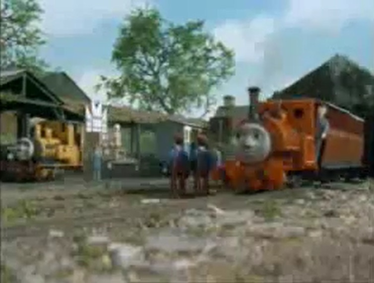 第6シーズンで赤い客車を牽引しているスカーロイと共にいるオルガンを乗せた積載貨車を牽引しているダンカン
