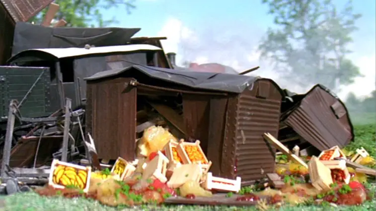 TV版第7シーズンの木っ端微塵になった果物を積んだ有蓋貨車