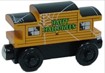 木製レールシリーズの山吹色のソドー鉄道のカブース（ハロウィン仕様）
