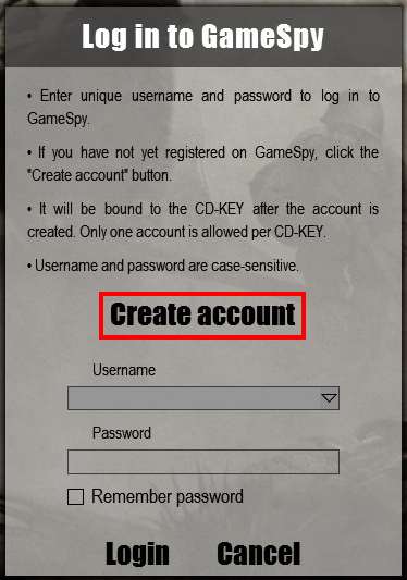 "Log in to GameSpy"ダイアログが開くので"Create account"をクリックする