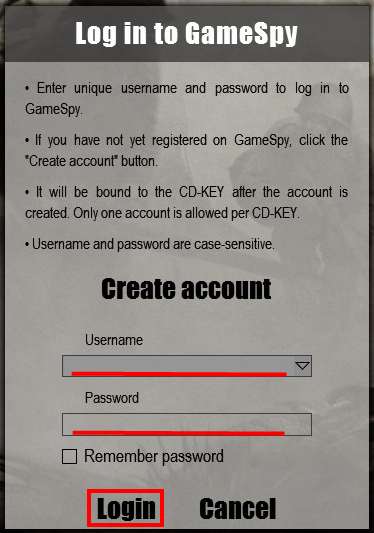 "Log in to GameSpy"ダイアログが開くので"Username"と"Password"を埋め、"Login"をクリックする