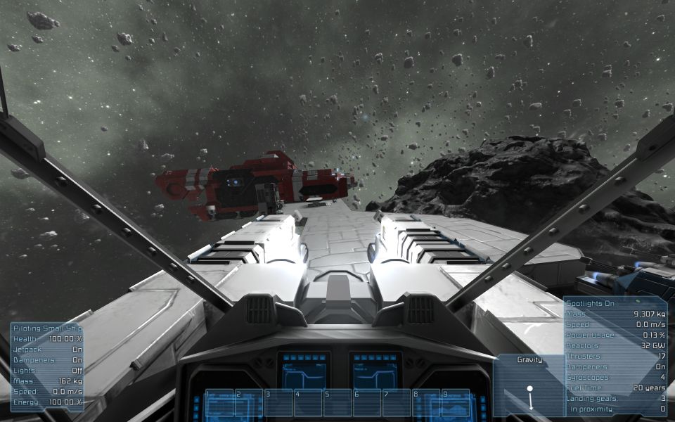 コックピット視点の画像。右下に宇宙船の情報が表示されています。