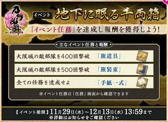 期間限定イベント イベント 地下に眠る千両箱 17 11 刀剣乱舞online とうらぶ Wiki 期間限定イベント イベント 地下に眠る千両箱 17 11 刀剣乱舞online とうらぶ Wiki