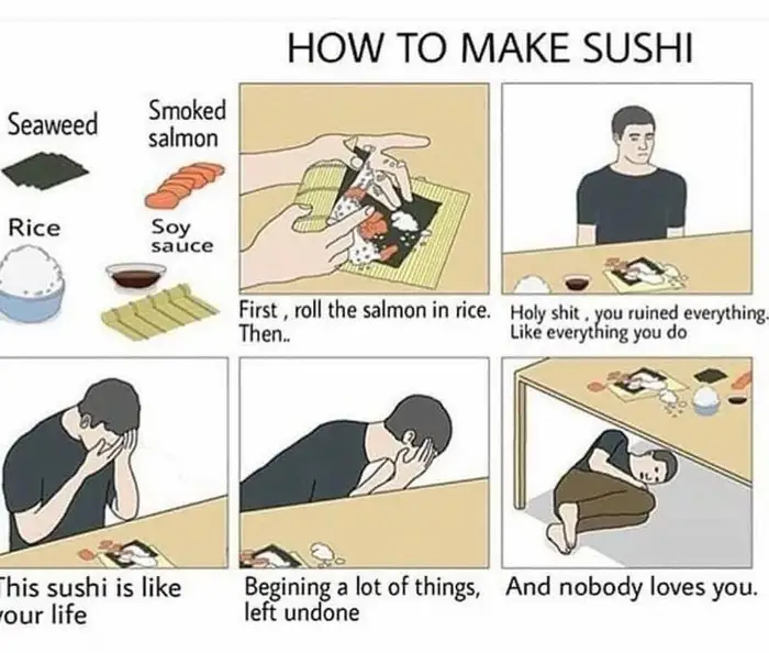 寿司を作る手順を表現したイラスト。